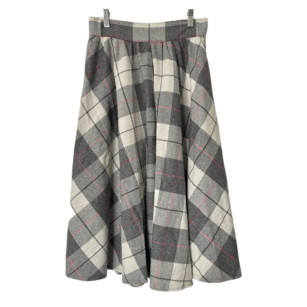 Vintage 90s Plaid Wool Midi Skirt Neutral Academia Quiet Luxury Preppy Small